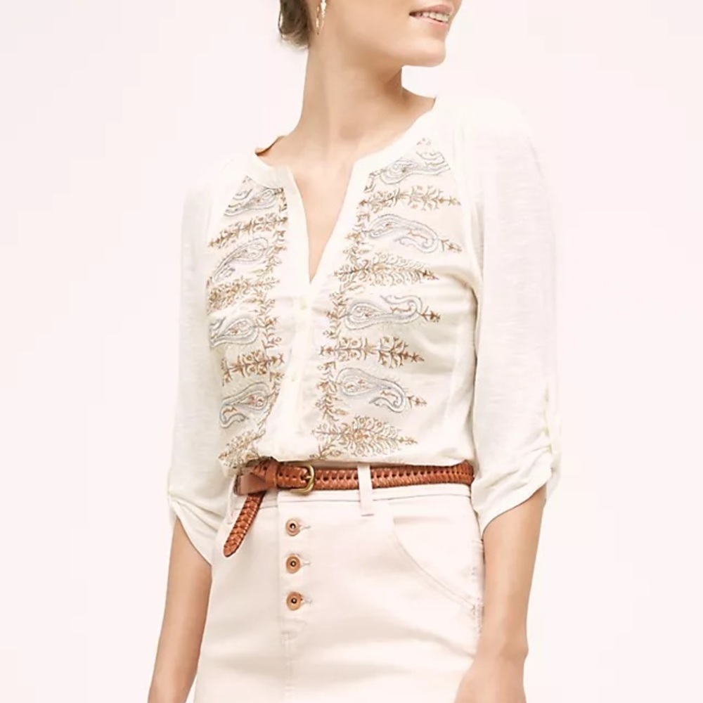 Tiny for Anthropologie Cream Embroidered  Sheer Blouse